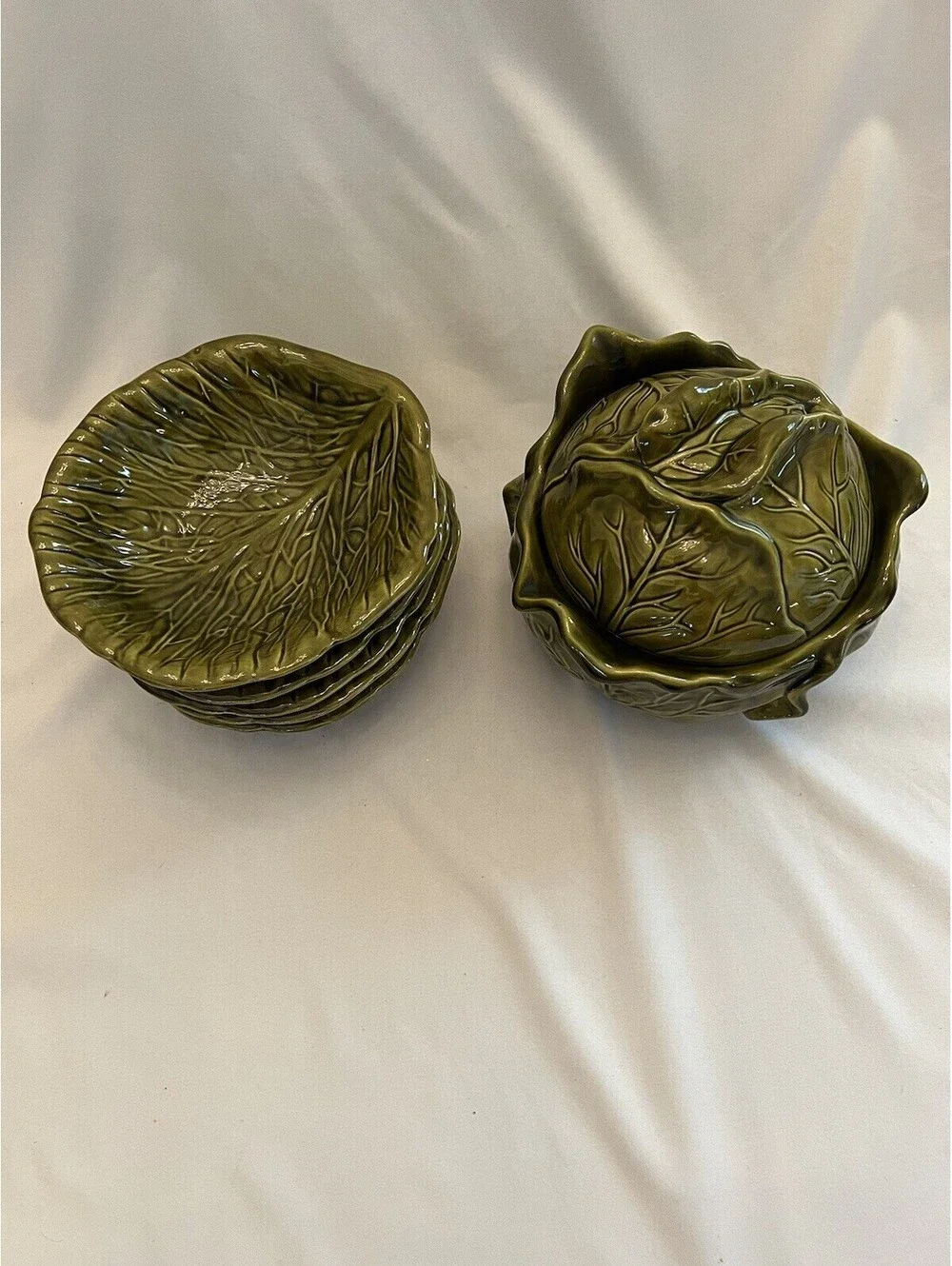 Vintage 1971 Holland Mold Green Cabbage Shaped Tureen with Bowls